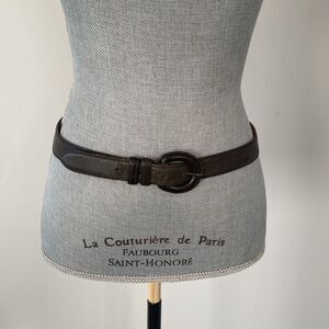 Lands' End Black and Brown Leather Belt with Brass Buckle Boho Coastal Beachy